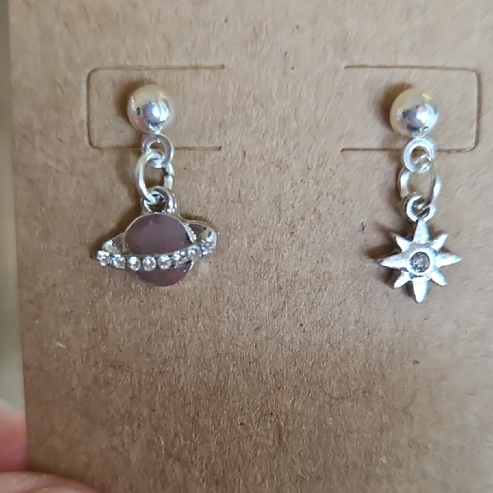 Silver Tone Saturn & Star Drop Earrings